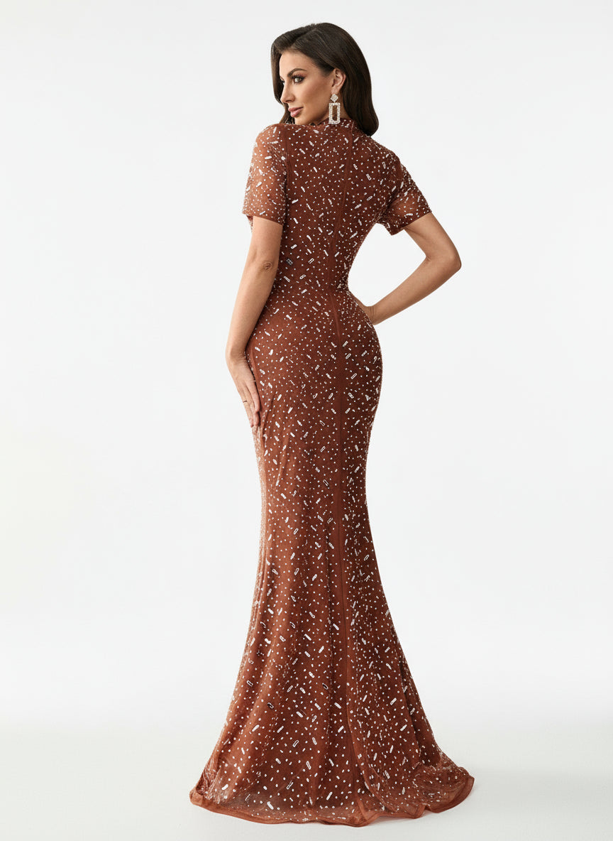 Stalluxe | Luxuriöses Abendkleid mit Strass und Stehkragen, Kurzarm und Figurbetont