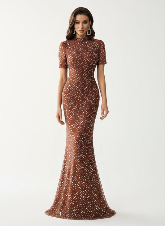 Stalluxe | Luxuriöses Abendkleid mit Strass und Stehkragen, Kurzarm und Figurbetont