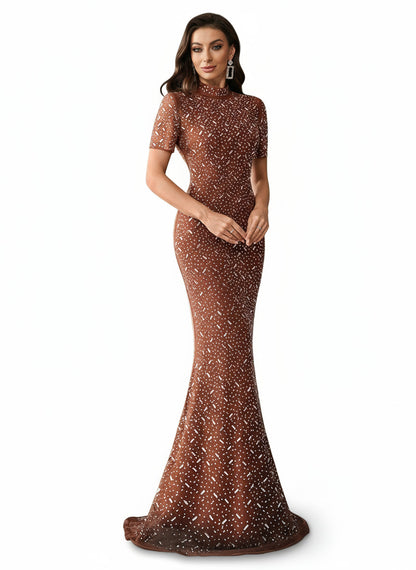 Stalluxe | Luxuriöses Abendkleid mit Strass und Stehkragen, Kurzarm und Figurbetont