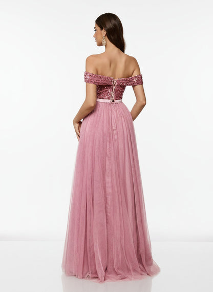 Stalluxe | Romantisches Schulterfreies Abendkleid aus Mesh mit Pailletten und Patchwork