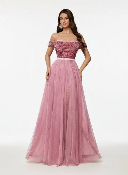 Stalluxe | Romantisches Schulterfreies Abendkleid aus Mesh mit Pailletten und Patchwork