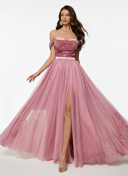 Stalluxe | Romantisches Schulterfreies Abendkleid aus Mesh mit Pailletten und Patchwork